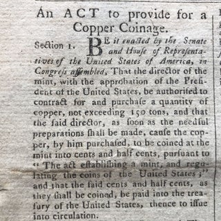 1792 newspaper CONGRESS APPROVES ACT to BEGIN MINTING COPPER COINS Numismatics