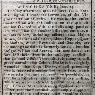 1792 newspaper EYEWITNESS ACCOUNT of ST CLAIR'S DEFEAT in Northwest Indian War