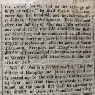 1795 newspaper GEORGE WASHINGTON SIGNS ACT for CUSTOMS LAWS along COAST OF MAINE