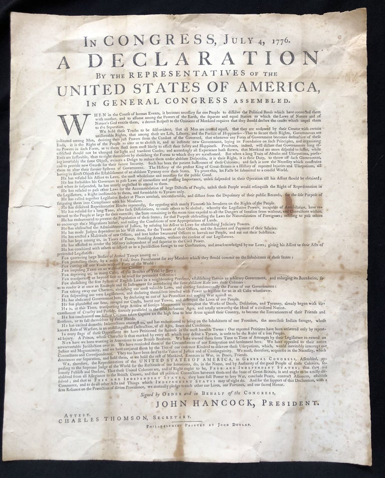 Item #13353 In Congress, July 4, 1776. A Declaration By the Representatives of the United States of America, in General Congress Assembled. Declaration of Independence.