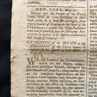 1789 newspaper CONGRESS CONGRATULATES GEORGE WASHINGTON on ELECTION as PRESIDENT