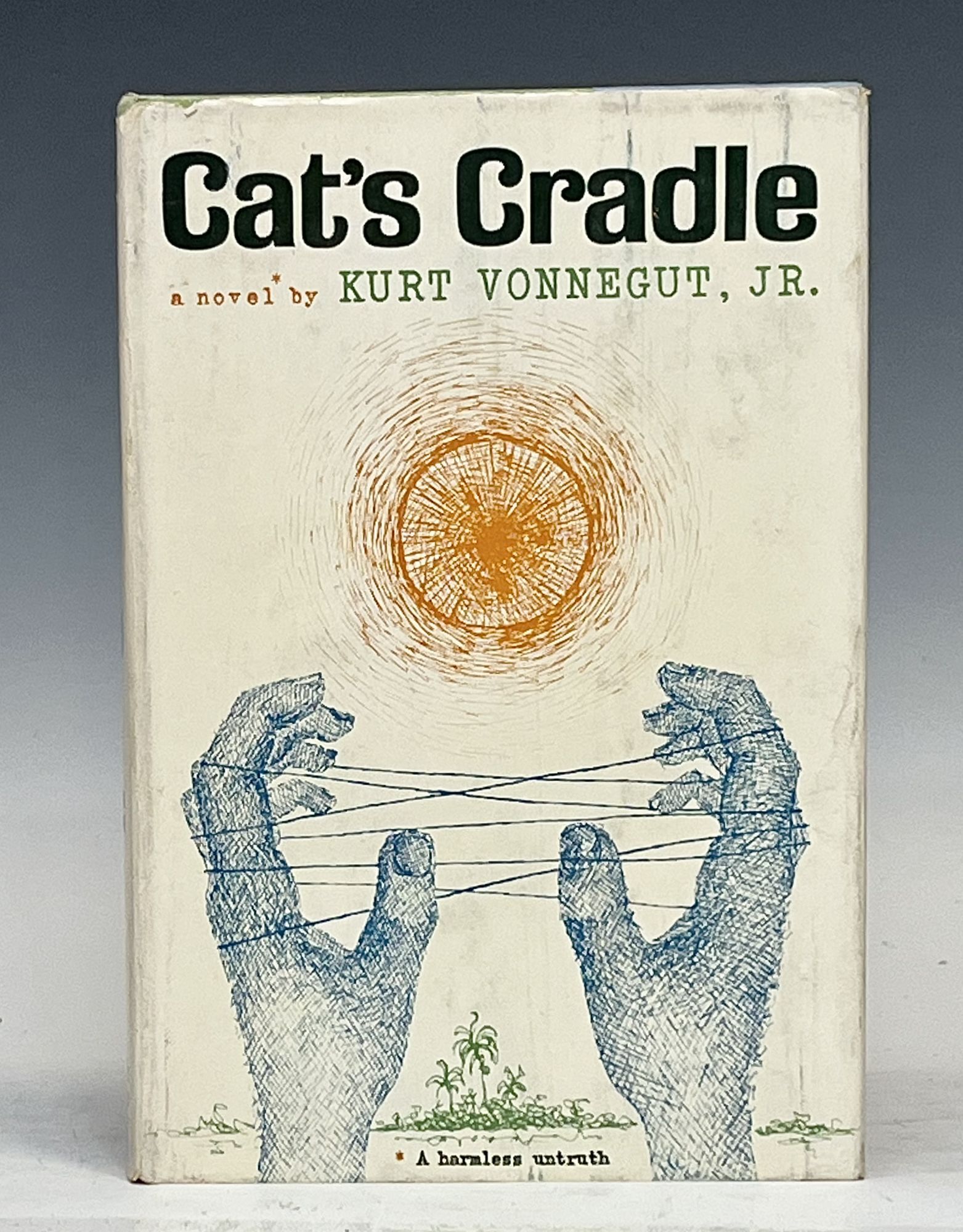 Cover of Cat's Cradle by Kurt Vonnegut, featuring a stylized illustration of a cat's cradle game