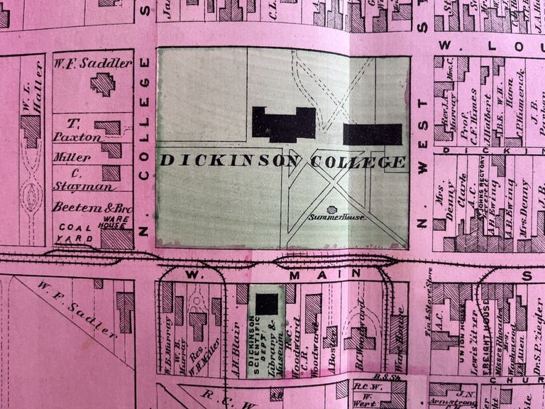 Item #15333 Rare 1872 Hand-Colored Map of Carlisle, Pennsylvania with Property Owner Names and Building Footprints. Early Map of Dickinson College Campus.
