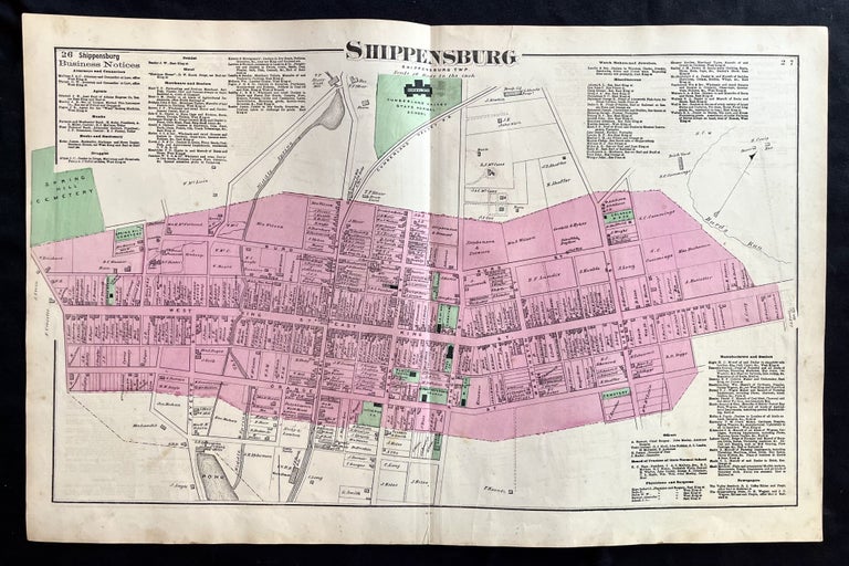 Item #15334 Rare 1872 Hand-Colored Map of Shippensburg, Pennsylvania with Property Owner Names and Building Footprints