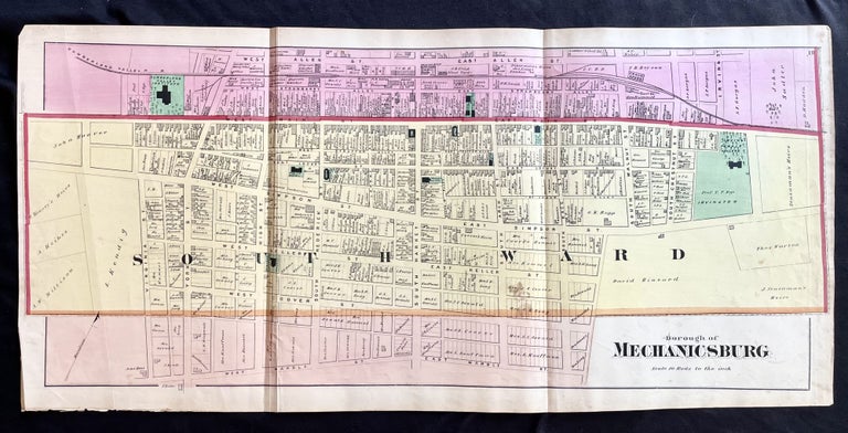 Item #15335 Rare 1872 Hand-Colored Map of Mechanicsburg, Pennsylvania with Property Owner Names and Building Footprints
