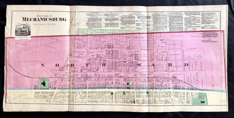 Item #15336 Rare 1872 Hand-Colored Map of Mechanicsburg, Pennsylvania with Property Owner Names and Building Footprints