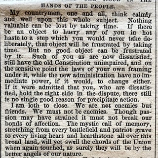 Abraham Lincoln Inaugurated as 16th President, with a Complete Printing of his Iconic 1st Inaugural Address