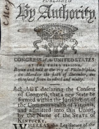 1791 Newspaper GEORGE WASHINGTON SIGNS ACT CREATING the STATE of KENTUCKY