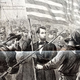 1864 Illustrated Newspaper with Centerfold Engraving of Abraham Lincoln Waving the American Flag with Union Troops and Sailors