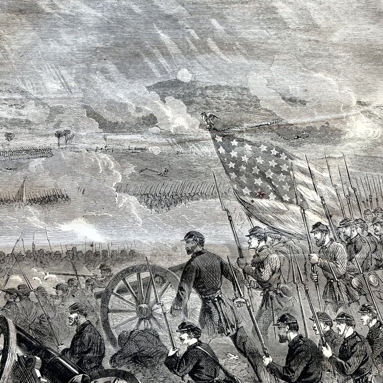 Item #15396 1863 CIVIL WAR newspaper with LARGE ENGRAVINGS of the BATTLE of GETTYSBURG. The Battle of Gettysburg in Striking Artistic Detail.