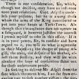 1783 newspaper GEORGE WASHINGTON SENTENCES BRITISH PRISONER to HANG Asgill Affair