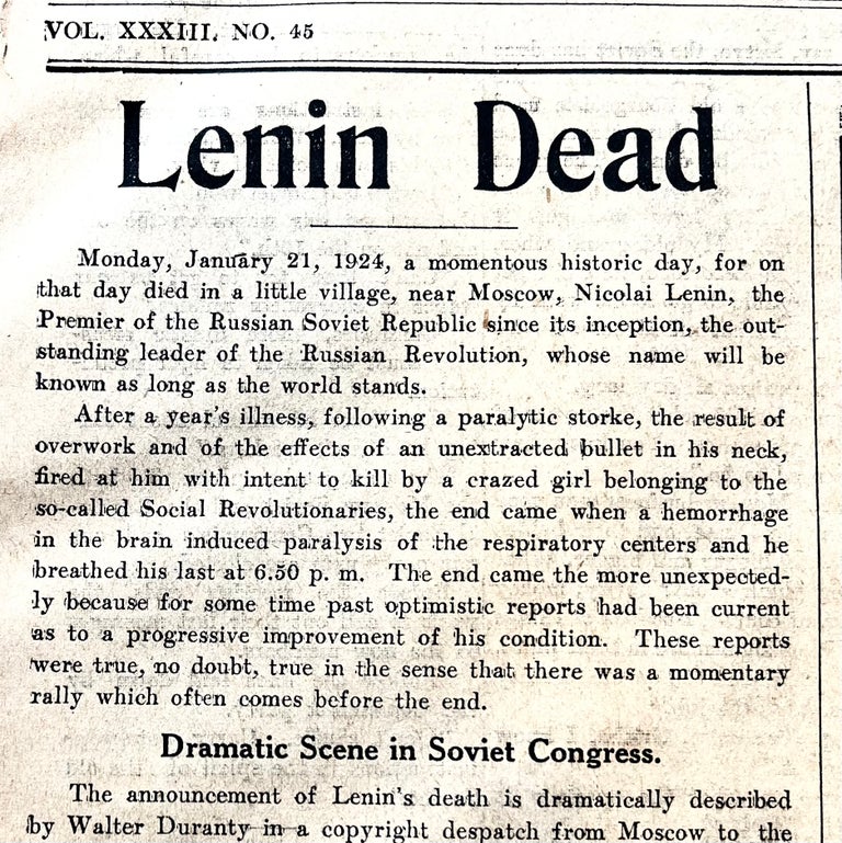 Item #15650 1924 Newspaper Announcing the DEATH of USSR Founder Vladimir Lenin. The BEST announcement of the Death of Vladimir Lenin.