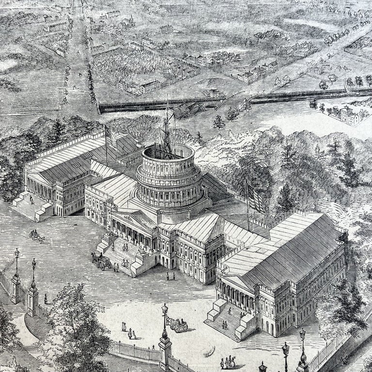 Item #15699 Illustrated Street Map of Washington DC as the Civil War Begins. U S. Capital Dome Under Construction During the Civil War.