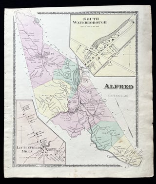 Item #15731 1872 Hand-Colored Street Map of Alfred, Maine with Littlefield's Mills & South...