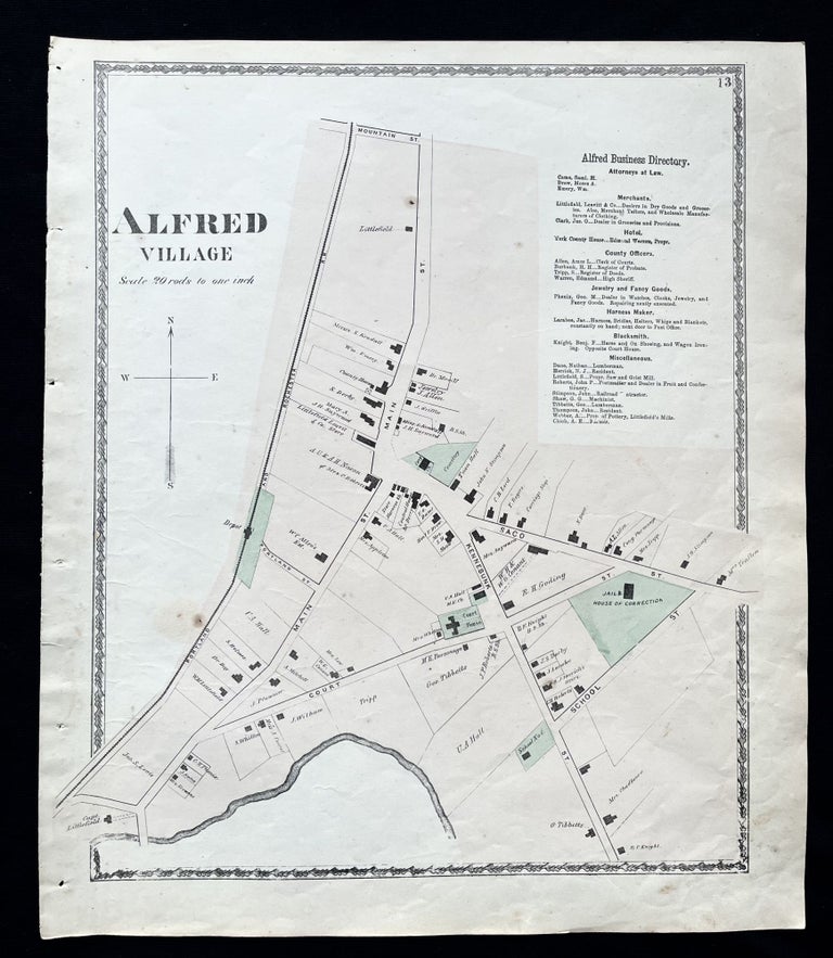 Item #15732 1872 Hand-Colored Street Map of Alfred, Maine with property owner names & building footprints. Maine history! 19th Century Alfred.