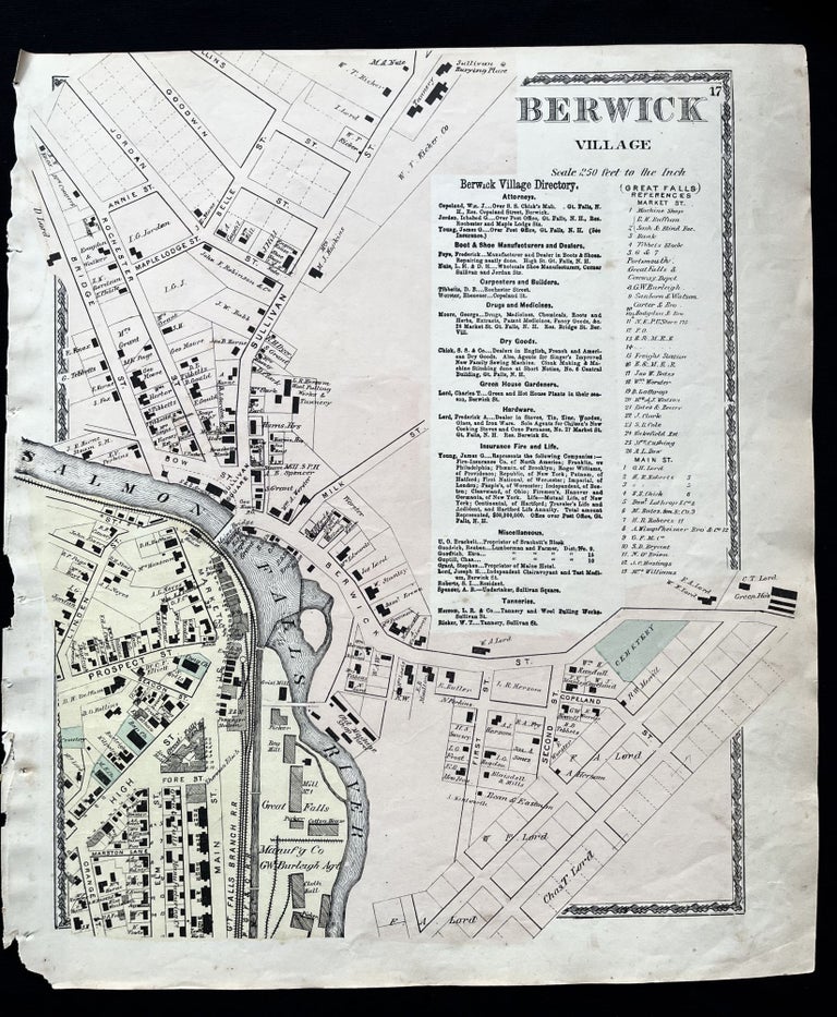 Item #15734 1872 Hand-Colored Street Map of Berwick Village, Maine with property owner names and building footprints. Maine history! 19th Century Berwick Village.