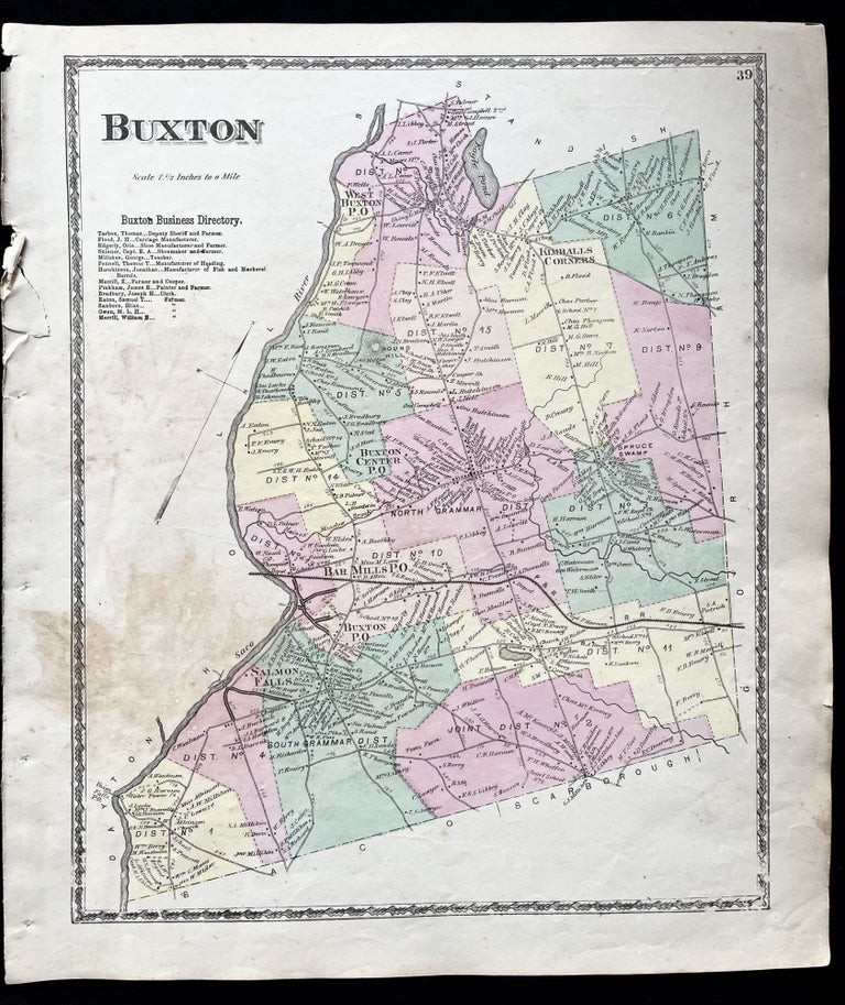 Item #15735 1872 Hand-Colored Street Map of Buxton, Maine with property owner names. Maine history! 19th Century Buxton.