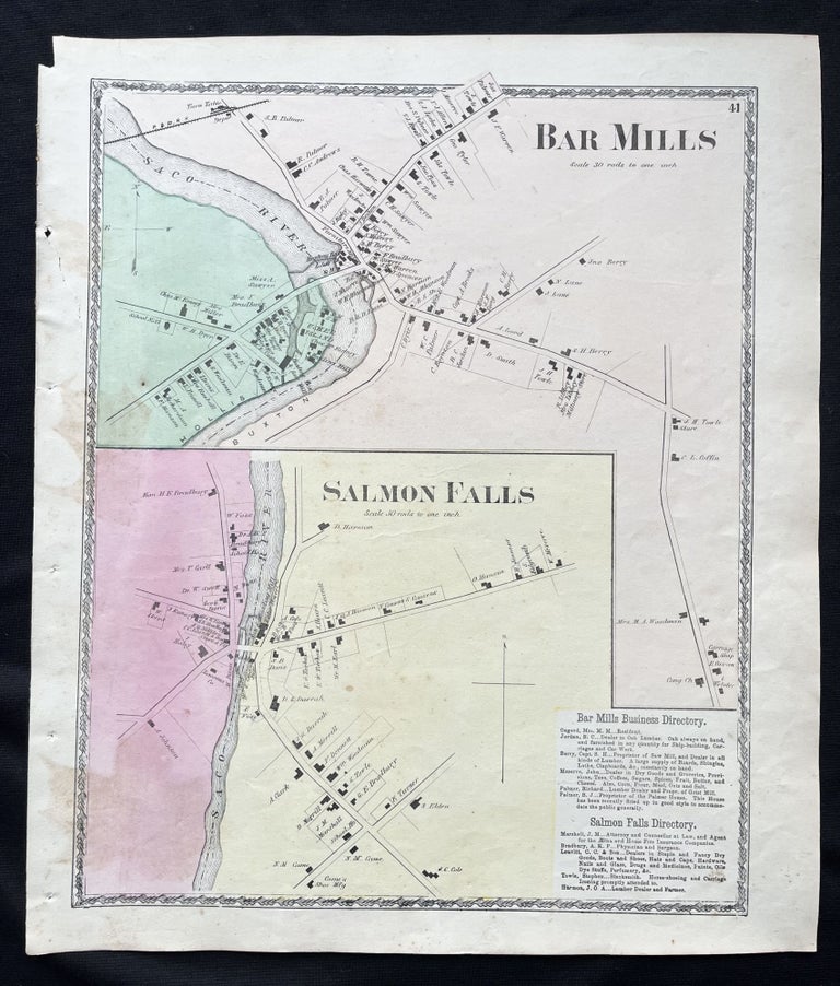 Item #15736 1872 Hand-Colored Street Map of Bar Mills, Maine and Rollinsford, New Hampshire with property owner names and building footprints. 19th Century York County Maine history!