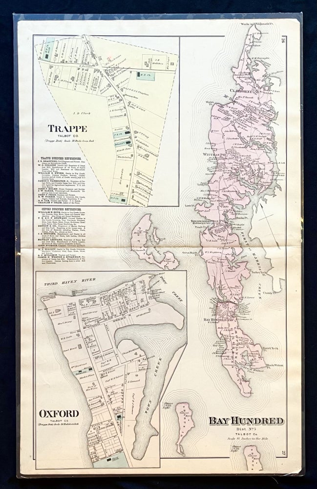Item #16001 Rare 1877 Hand-Colored Street Map of Oxford and Trappe, Talbot County, Maryland