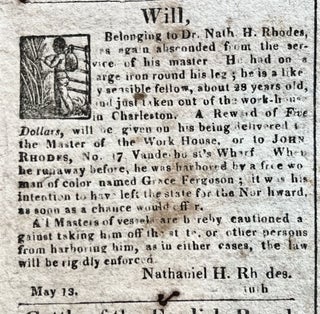 1817 Charleston, South Carolina newspaper with Front-Page Illustrated Slave Ads (Editor's Own Copy)