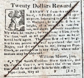 1817 Charleston, South Carolina newspaper with Front-Page Illustrated Slave Ads (Editor's Own Copy)