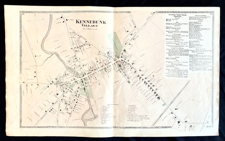 Item #16071 1872 Hand-Colored Street Map of Kennebunk, Maine w building footprints and Property Owner Names just after the Civil War. Maine History! Early York County.