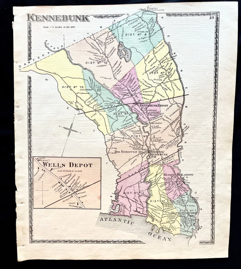 Item #16074 1872 Hand-Colored Street Map of Kennebunk, Maine w building footprints and Property Owner Names just after the Civil War. Maine history 19th Century Kennebunk.