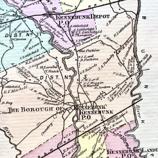 1872 Hand-Colored Street Map of Kennebunk, Maine w building footprints and Property Owner Names just after the Civil War