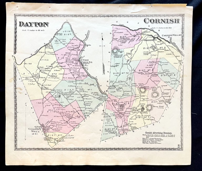 Item #16075 1872 Hand-Colored Street Map of Dayton and Cornish, Maine w Property Owner Names and district lines just after the Civil War. Maine History! Early York County.