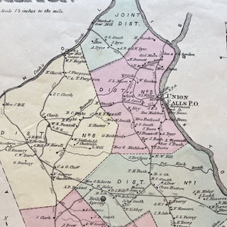1872 Hand-Colored Street Map of Dayton and Cornish, Maine w Property Owner Names and district lines just after the Civil War
