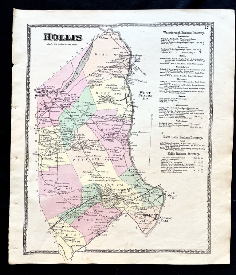 Item #16077 1872 Hand-Colored Street Map of Hollis, Maine w Property Owner Names just after the Civil War. Maine history 19th Century Hollis.