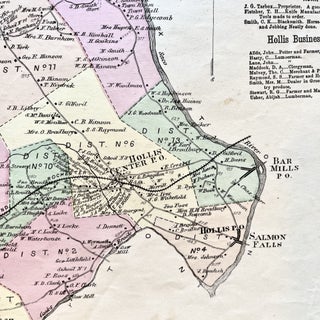 1872 Hand-Colored Street Map of Hollis, Maine w Property Owner Names just after the Civil War