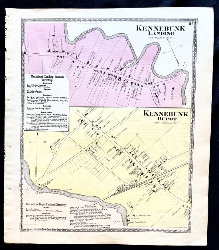 Item #16078 1872 Hand-Colored Street Map of Kennebunk Landing and Kennebunk Depot, Maine w building footprints and Property Owner Names just after the Civil War. Maine History! Early York County.