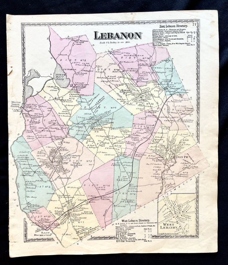 Item #16079 1872 Hand-Colored Street Map of the Lebanon, Maine Region w Property Owner Names just after the Civil War. Maine History! Early York County.