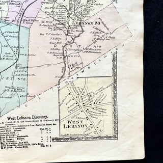 1872 Hand-Colored Street Map of the Lebanon, Maine Region w Property Owner Names just after the Civil War