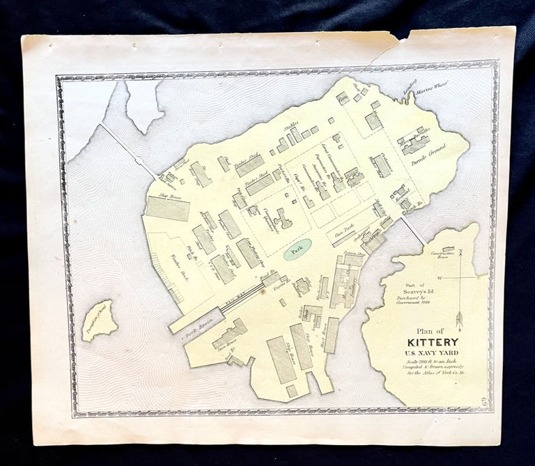 Item #16080 1872 Hand-Colored Plan of Kittery U.S. Navy Yard, Maine w labeled building footprints just after the Civil War. Maine History! Early York County.