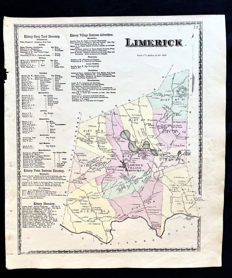 Item #16081 1872 Hand-Colored Street Map of Limerick, Maine w Property Owner Names just after the Civil War. Maine History! Early York County.