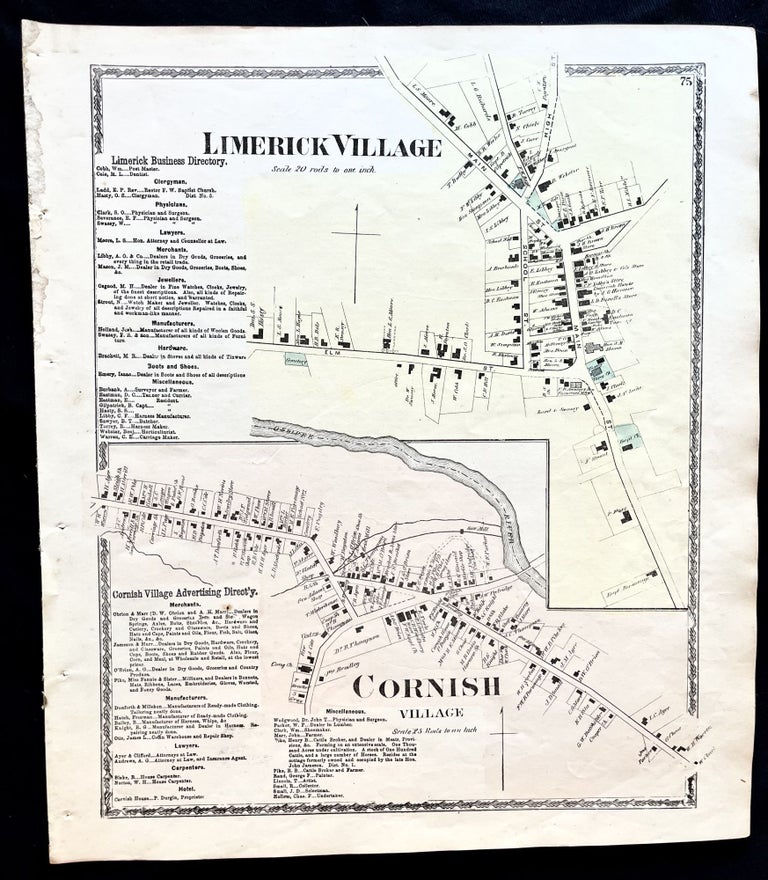Item #16083 1872 Hand-Colored Street Map of Limerick Village and Cornish Village, Maine w building footprints and Property Owner Names just after the Civil War. Maine History! Early York County.