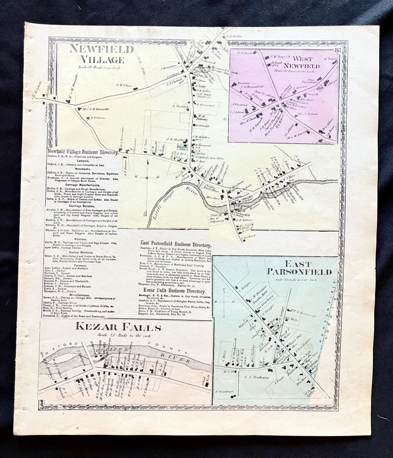 Item #16085 1872 Hand-Colored Street Map of Newfield Village, West Newfield, Kezar Falls and East Parsonfield, Maine w Property Owner Names and building footprints just after the Civil War. Maine History! Newfield Village Early York County, West Newfield, East Parsonfield, Maine history Kezar Falls.