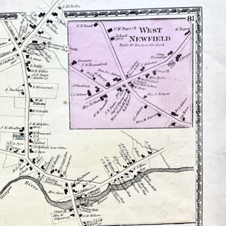 1872 Hand-Colored Street Map of Newfield Village, West Newfield, Kezar Falls and East Parsonfield, Maine w Property Owner Names and building footprints just after the Civil War