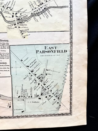 1872 Hand-Colored Street Map of Newfield Village, West Newfield, Kezar Falls and East Parsonfield, Maine w Property Owner Names and building footprints just after the Civil War