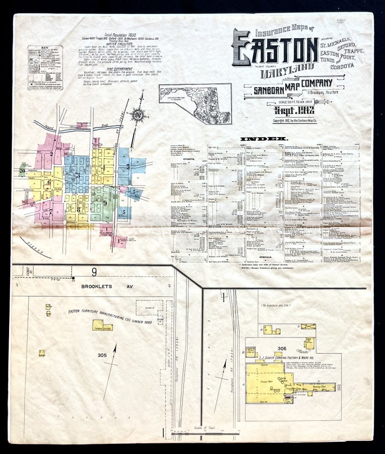 Item #16094 Rare 1912 Sanborn Insurance Map of Easton, Maryland (Talbot County). Maryland Historical Map Early 1900s Easton.