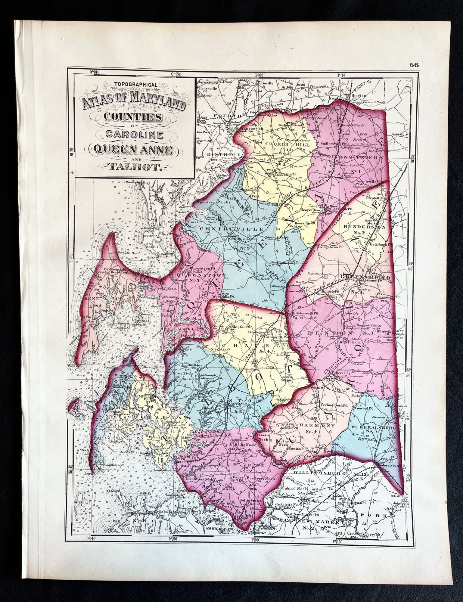 1873 Hand Colored Martinet Atlas Map Of Talbot Queen Annes And Caroline Counties One Of The 4763