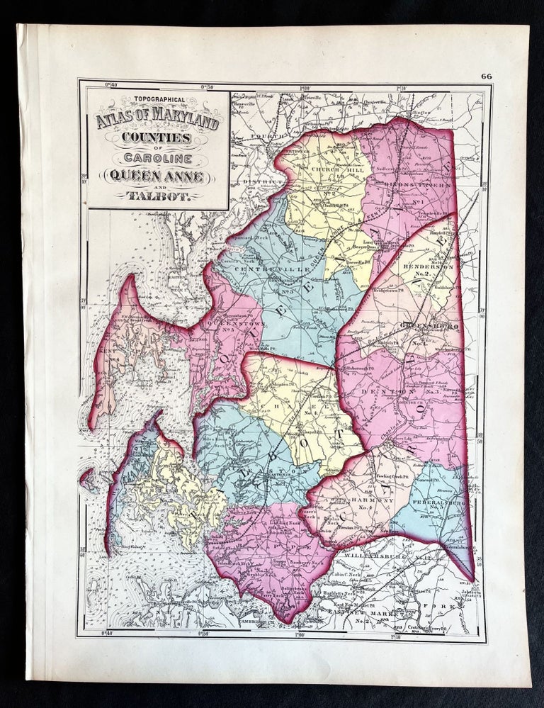 Item #16185 1873 Hand-Colored Martinet Atlas Map of Talbot, Queen Anne's and Caroline Counties. One of the EARLIEST Talbot County Maps to Depict an Eastern Shore Railroad to Oxford.