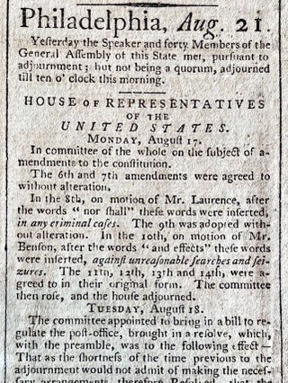 1789 newspaper U.S. Congress Approves Multiple Constitutional Amendments in the Bill of Rights