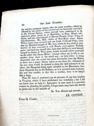 An Account of Our Late Troubles in Virginia. Written in 1676, by Mrs. An. Cotton, of Q. Creeke.