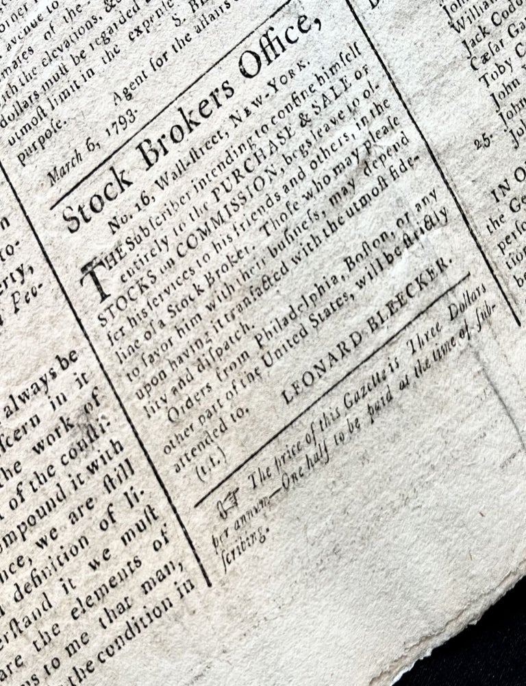 Item #17388 1793 Newspaper with an Advertisement for the Brokerage Firm of Leonard Bleeker