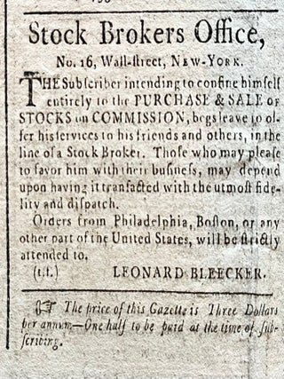 1793 Newspaper with an Advertisement for the Brokerage Firm of Leonard Bleeker