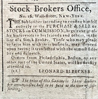1793 Newspaper with an Advertisement for the Brokerage Firm of Leonard Bleeker