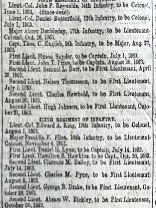 1864 CIVIL WAR newspaper with Front-Page Devoted to Abraham Lincoln Nominations for Officer Promotions - Grant, Meade & Abner Doubleday